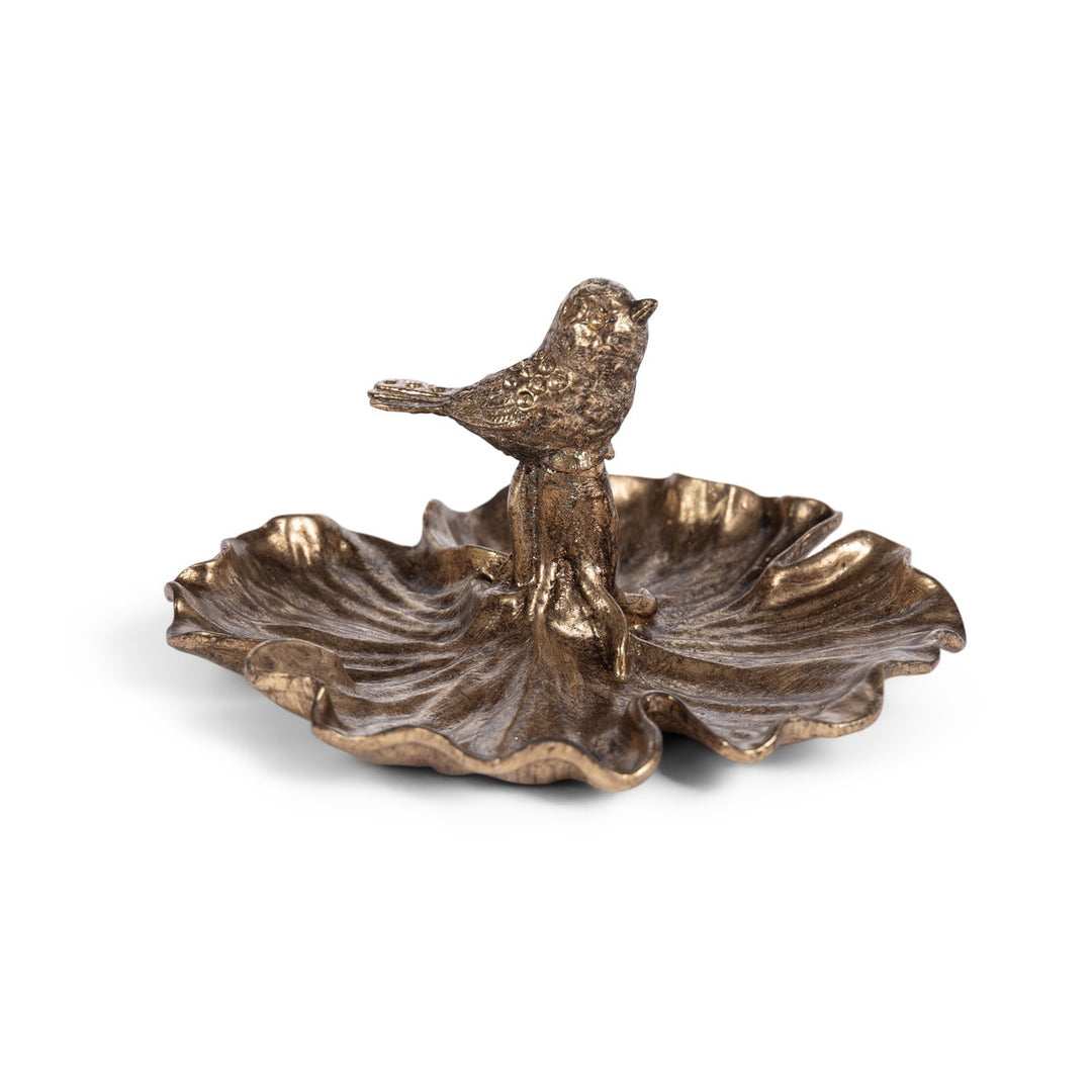 Antiqued gold garden bird dish
