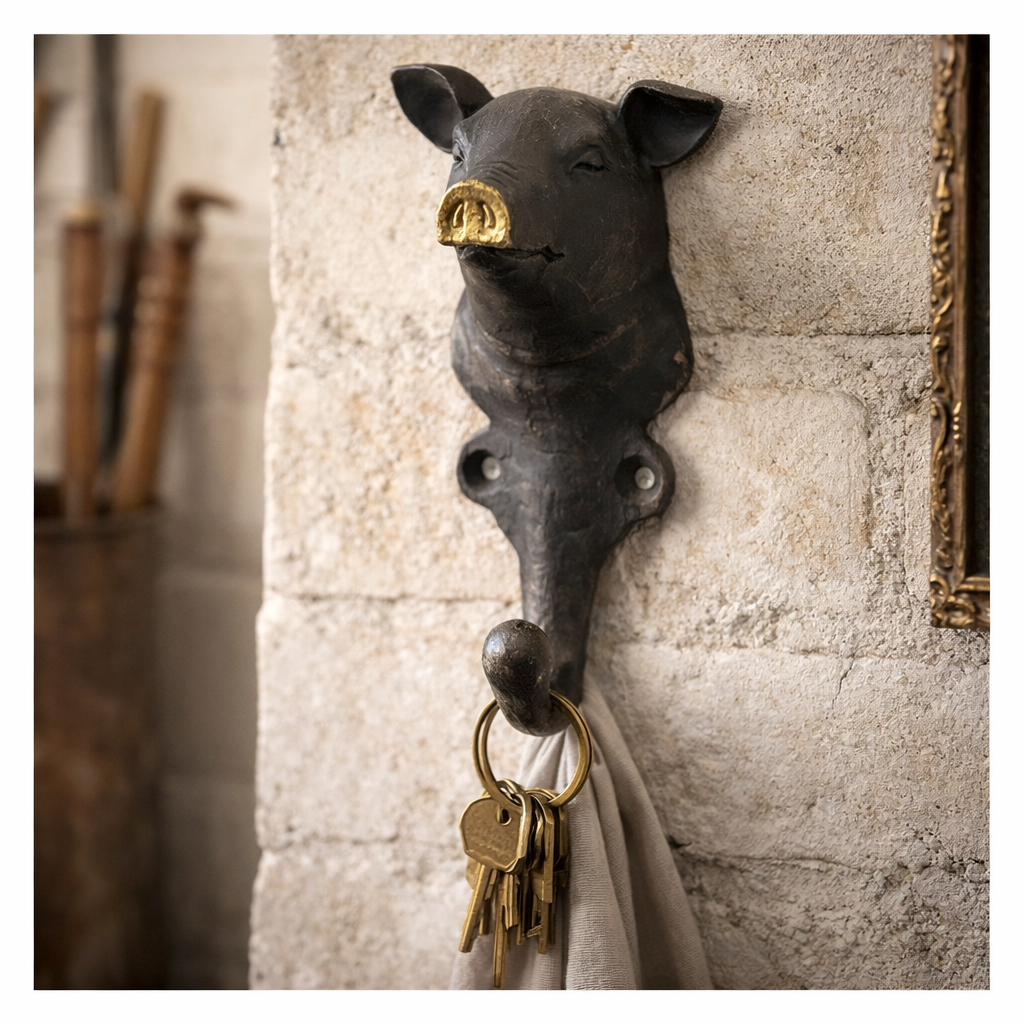 Pewter Pig Wall Hook with Gold Nose